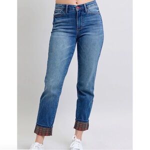 JUDY BLUE Jeans with Plaid Cuffs-BOYFRIEND fit Style 88877 NWOT! Size Large